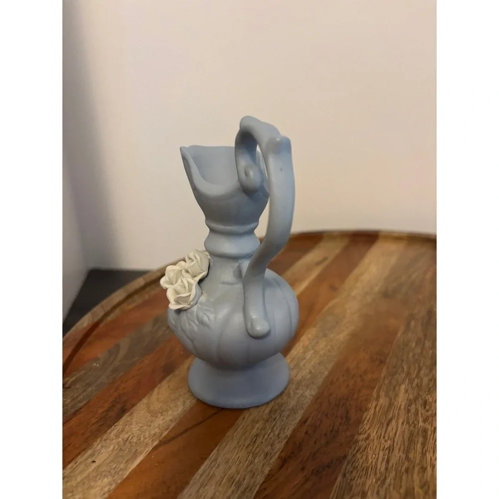 Miniature Blue Porcelain Pitcher Ewer with White Applied Roses 4 Inch Decorative